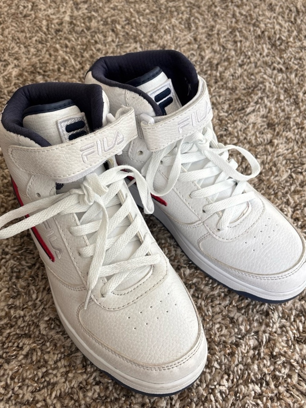 Fila Kids White High-Top Sneakers with Navy Lining and Red Accents